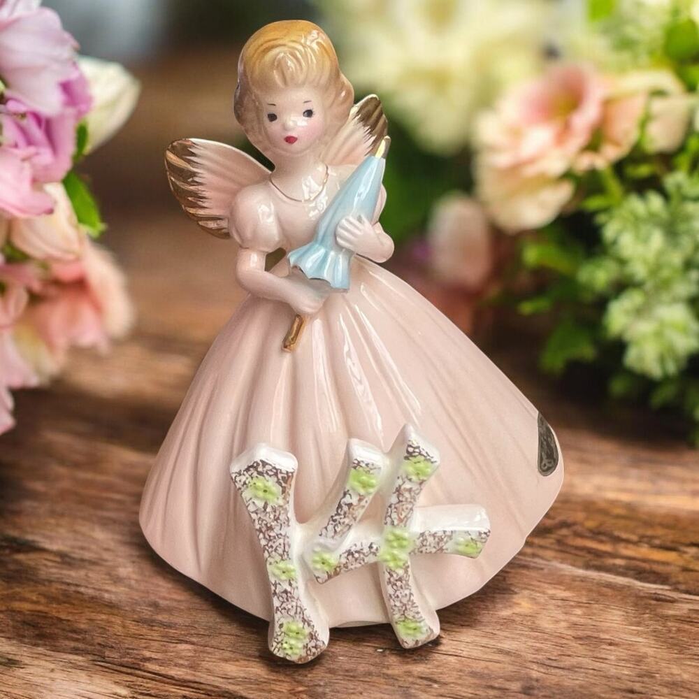 Vtg. Josef Originals Birthday Angel Figurine Year 14 Japan Black Eyes Sticker